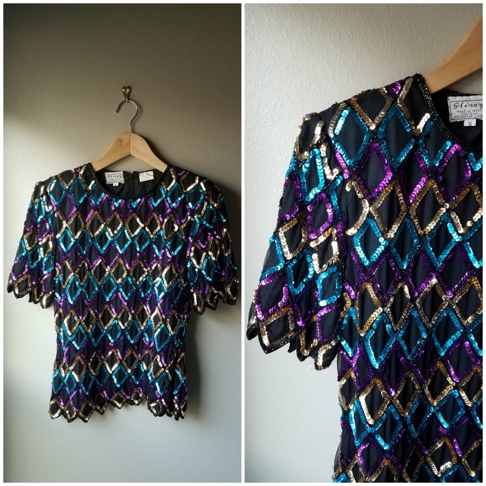 Vintage Sequin Top Harlequin Small Black Blouse